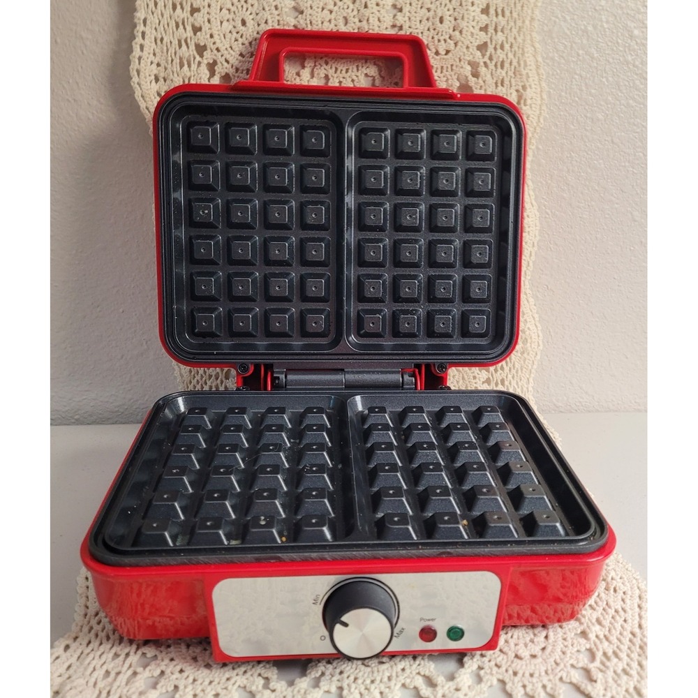 First buy square waffle Maker. 2 Waffles. Red. 9 1/2 X 10 X 4 Compact.